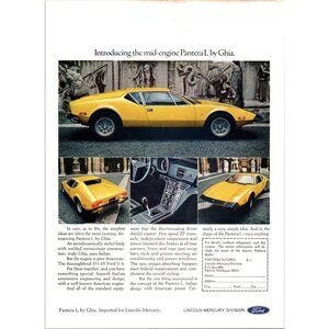1973 Pantera L by Ghia Sports Car Vintage Print Ad Italian Statues 70s Wall Art